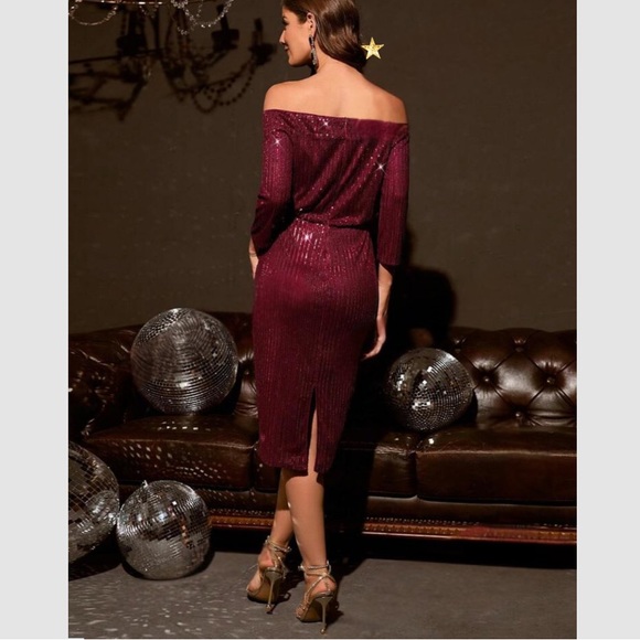 Luxe off shoulder sequins bodycon dress burgundy - Picture 3 of 15